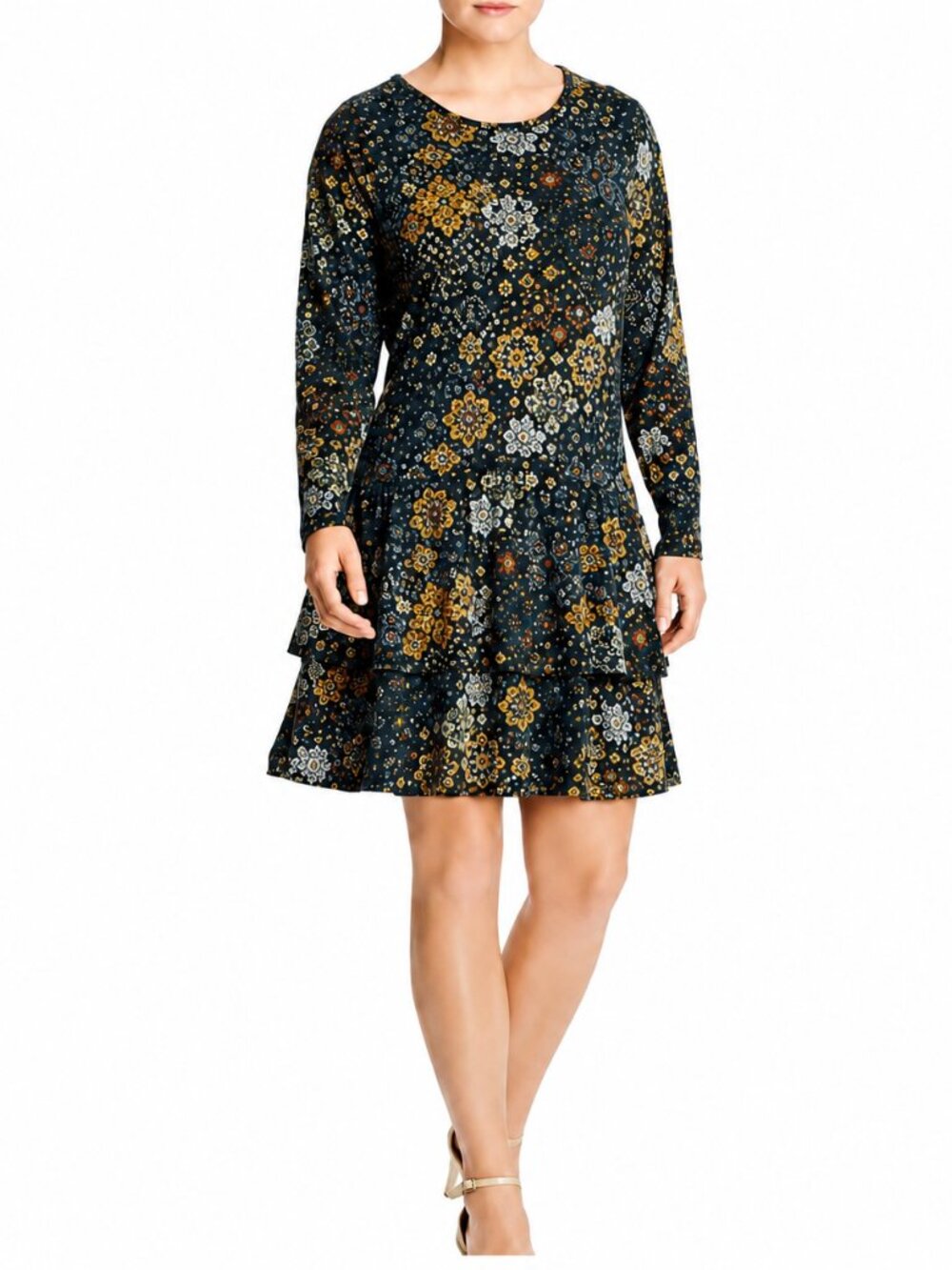 Michael Kors Navy & Gold Printed Long Sleeve Tiered Dress